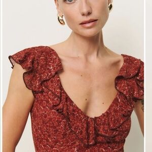 Reformation Floral Ruffle Blouse - Deep Red